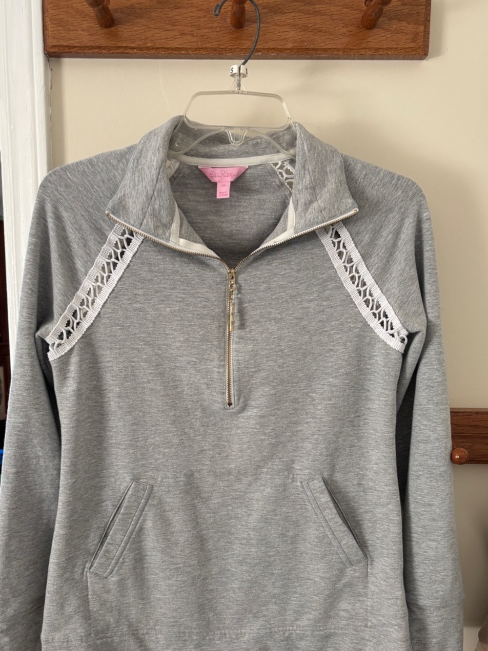 Lilly Pulitzer Gray Half-Zip Pullover with White Lace Trim
